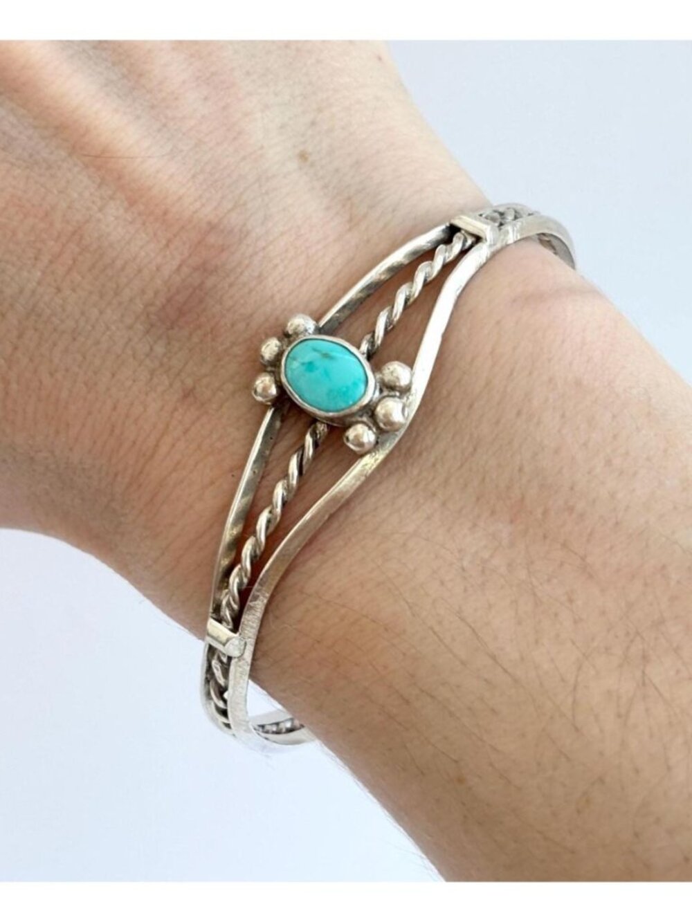 Southwest Natural Turquoise Sterling Silver 925 Carved Vintage Cuff Bracelet